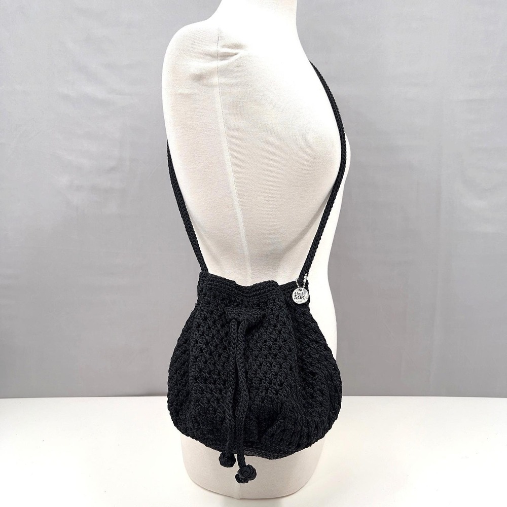 The Sak Black Crochet Drawstring Bucket Crossbody Bag Charm Y2K Goth Vintage - Picture 2 of 10